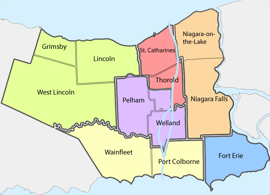 A map of the Niagara Region in Ontario Canada showing each of the twelve municipalities