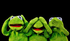 3 Kermit the Frogs depicting hear no evil. see no evil, and speak no evil